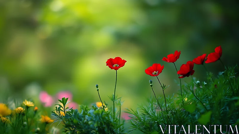 Scarlet poppies whisper in a dreamy green woodland hush.