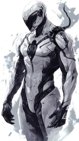Armored humanoid cyborg stands in white exosuit armor