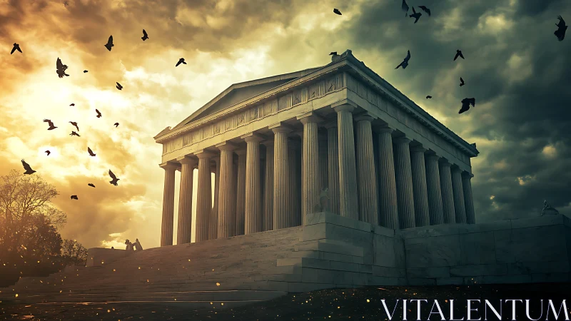 Classical colonnaded temple stands under dense dramatic sky