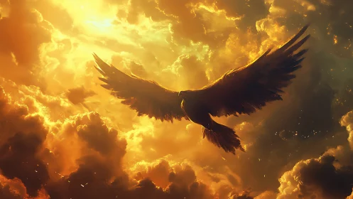 Majestic Eagle Soaring Amid Fiery Sunset Clouds, Digital Art.