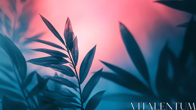 Backlit foliage silhouettes under cyan magenta bokeh gradient