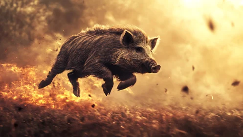 Wild boar leaping through blazing grassland at sunset.