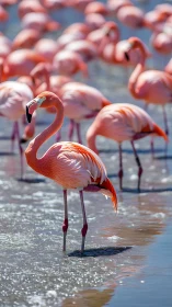 Sunlit flamingo parade striding through shimmering shallows.