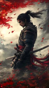 Samurai warrior in red autumn leaves, side profile scene.