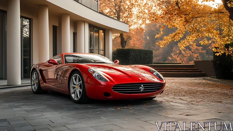 Aerodynamic red supercar framed by modern villa and foliage.
