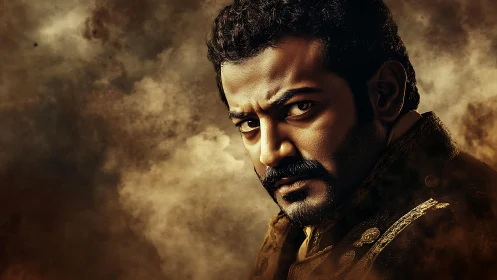 Intense warrior portrait in cinematic sepia storm lighting.