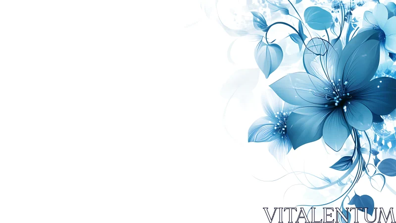 Blue floral composition with translucent petals and botanical elements.