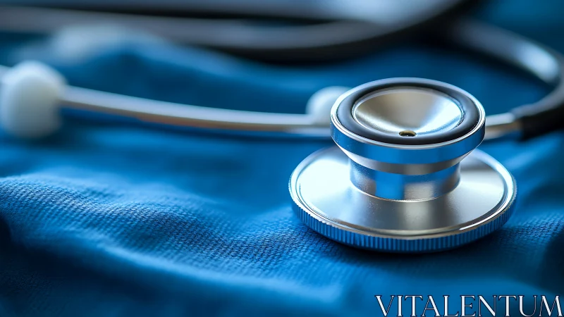 Photorealistic stethoscope macro on clinical blue textile.