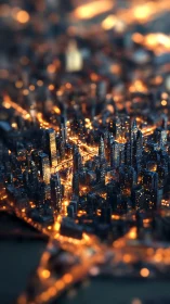 Luminous night city grid with glowing streets and towers.