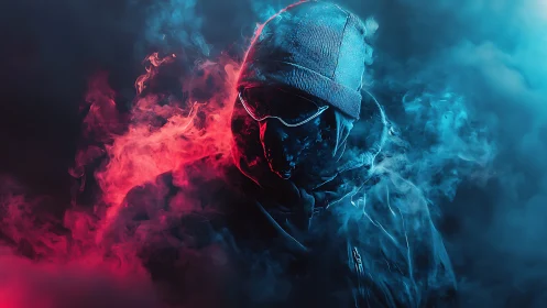Hooded cyber figure emerges through neon smoke and bicolor haze