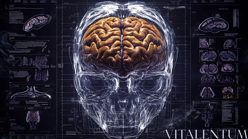 Cybernetic cranial atlas with luminous brain overlay diagram.