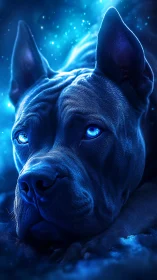 Blue-lit close-up of resting dog with glowing eyes.