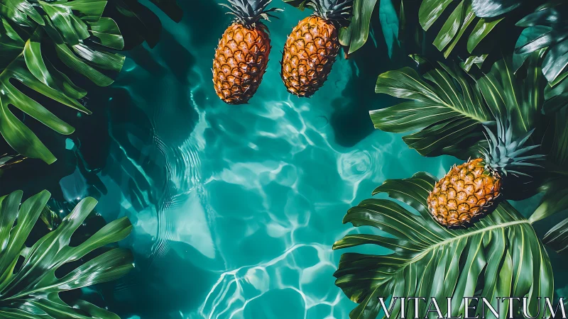 Pineapples and tropical leaves over clear turquoise water.
