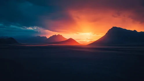 Low-key volcanic valley at sunset with extreme dynamic contrast