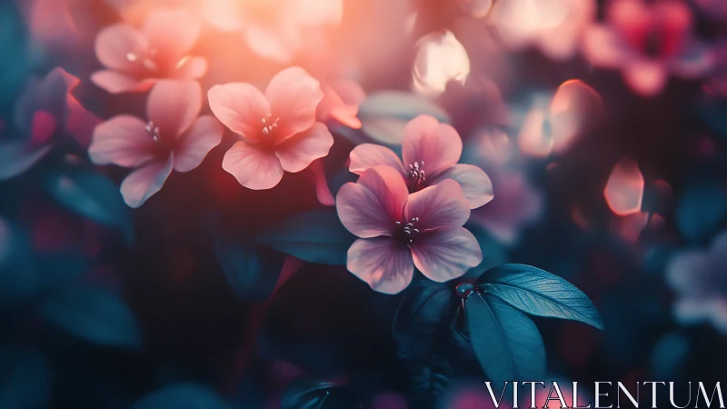 Soft Blossoms Glow. Rose Pink Petals Against Deep Teal.