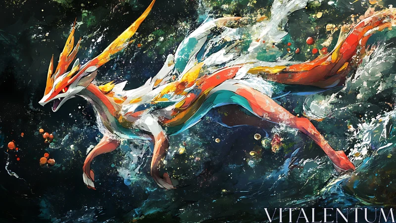 Mythical dragon-like creature charging through turbulent water