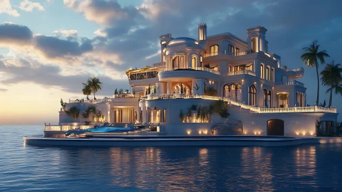 Luxurious multi-tier seaside villa with volumetric sunset lighting