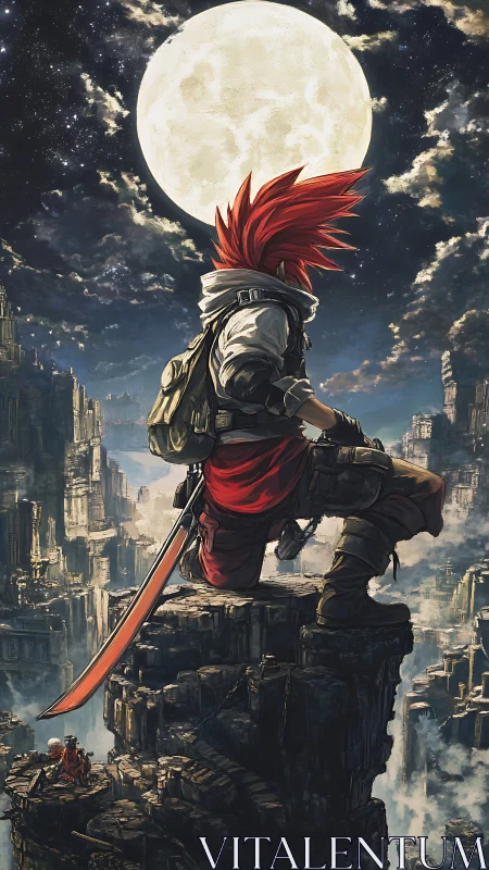 Lone red‑haired swordsman surveys ruined city under moon.