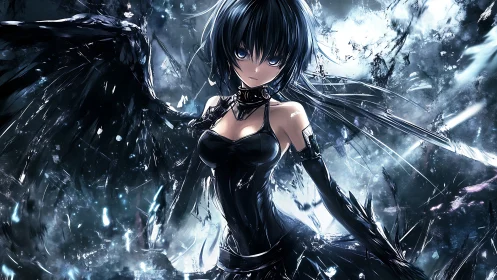 High-contrast anime winged warrior in shattered crystalline storm