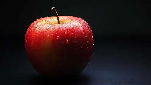 Red apple with water droplets on dark studio background.