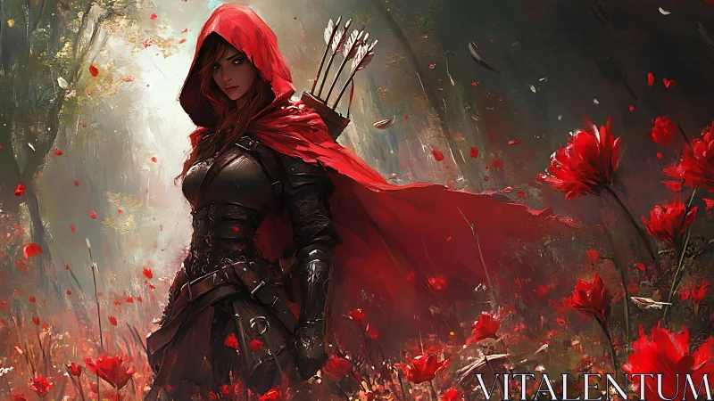 Scarlet hooded huntress roaming a storm of wild petals.