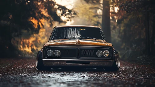 Classic modified sedan parked on forest road in autumn light.
