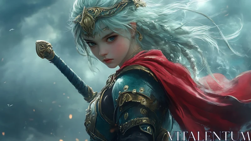 Silver haired warrior princess in ornate teal armor poised.