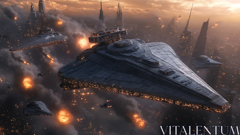 Majestic star cruisers gliding over a burning cityscape.