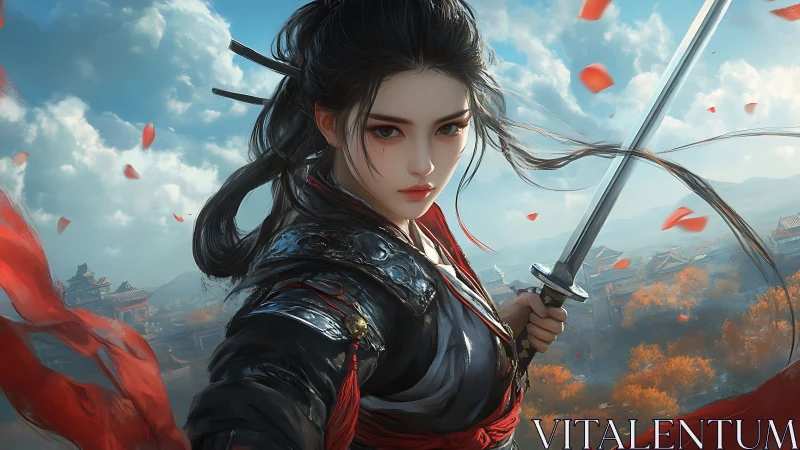 Dynamic close-up of armored swordswoman with motion-blurred petals