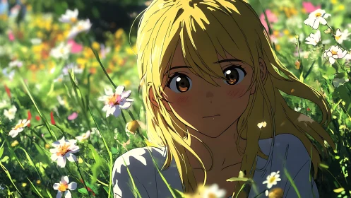 Blonde anime girl in sunlit wildflower meadow portrait.