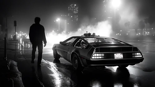 Noir time-machine coupe under volumetric urban backlight.