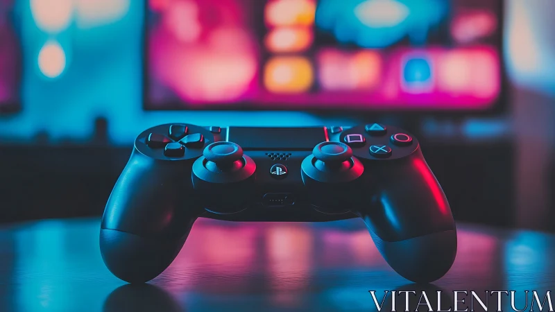 Game controller glows in neon light before a blurred TV