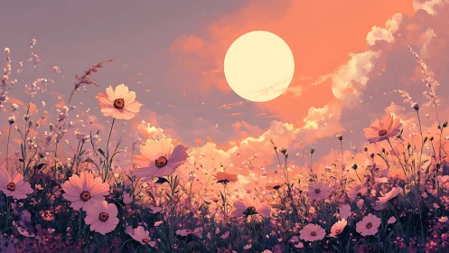 Golden Hour Cosmos: Wildflower Field Beneath Celestial Sun