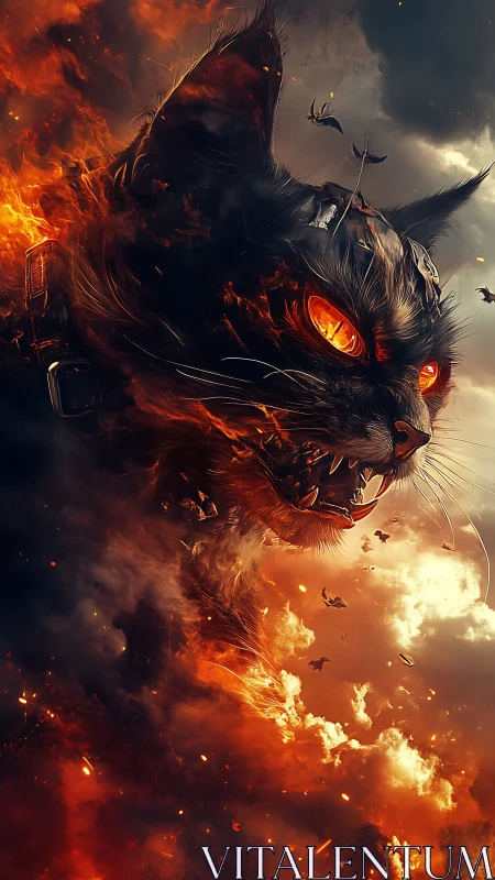Infernal fire cat erupts from stormy embers and clouds