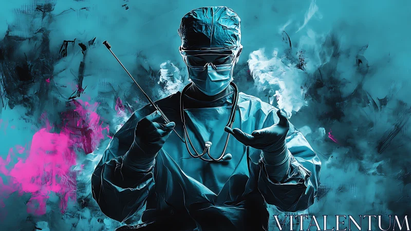 Confident surgeon stands in vibrant teal and pink energy.