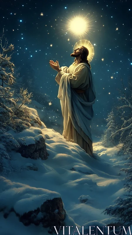 Sacred figure prays beneath radiant star in winter forest