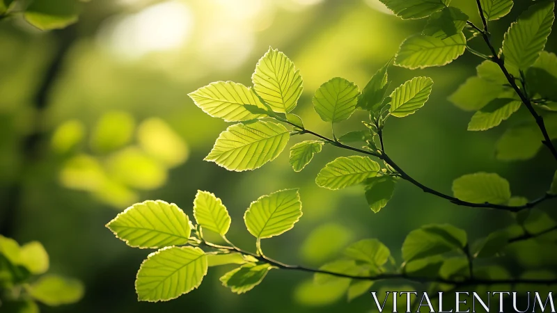 Sunlit green leaves on branch in natural soft-focus style.