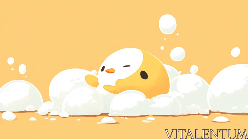 Yellow cartoon chick resting among white soap bubbles.