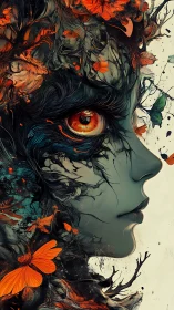 Side profile portrait merges female face with organic foliage