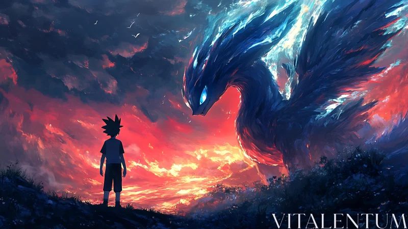 Boy and cosmic phoenix sharing a storm-lit horizon.