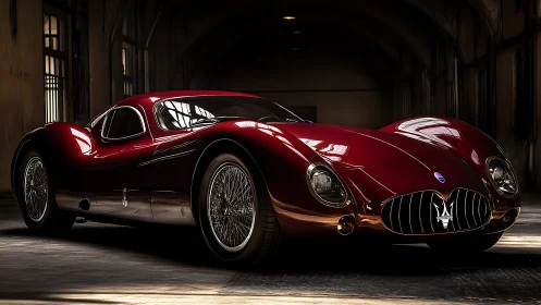 Vintage-style Maserati sports coupe sits in dim industrial hall