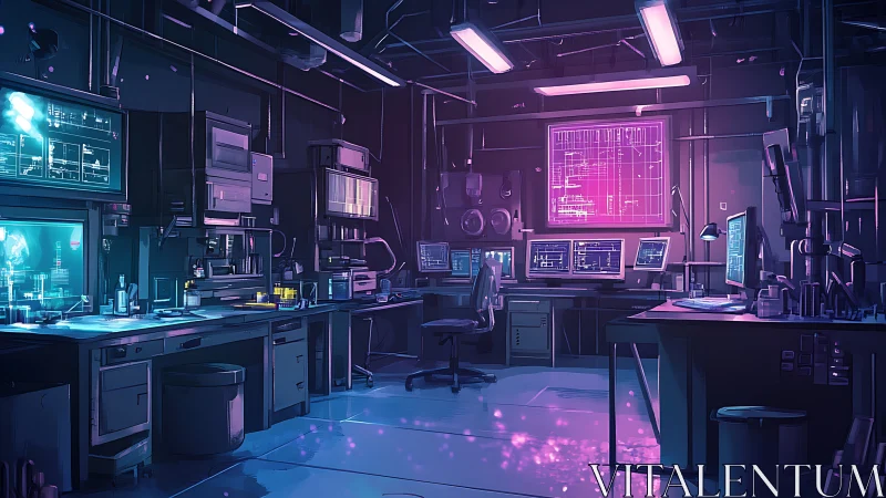 Midnight cyber lab glows with neon screens and quiet focus