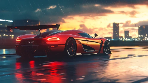 Red supercar slices through a rainy neon city sunset