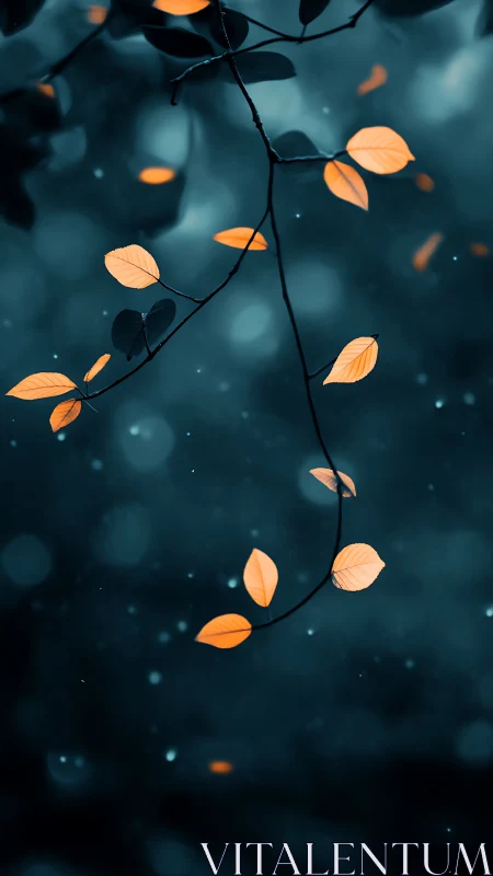 Orange leaves on thin branch against deep teal bokeh background.