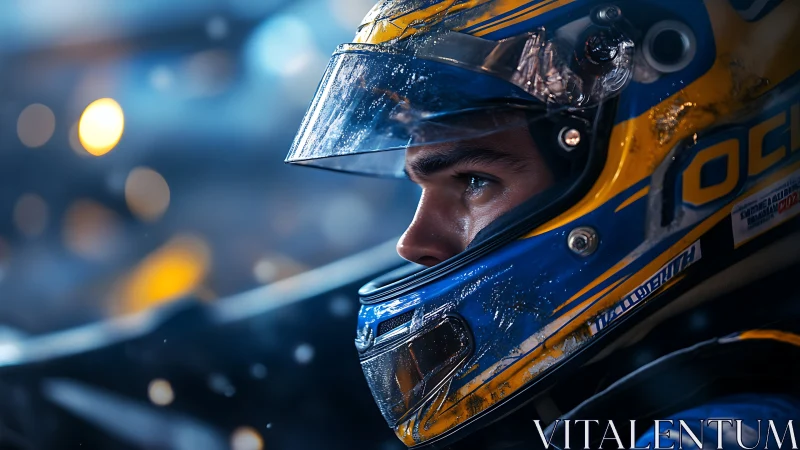 Racing driver close-up captures intense focus through visor