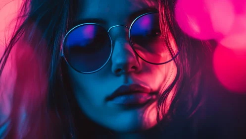 Portrait in blue and magenta neon with circular sunglasses.
