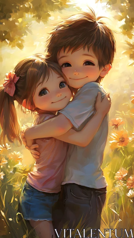Two Children Sharing a Warm Golden Embrace.