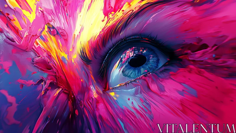Chromatic eye eruption in neon paint-splashed motion storm.