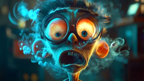 Overexposed cartoon scientist rendered with exaggerated 3D facial deformation
