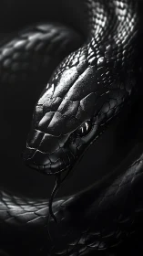 High contrast macro render of coiled black serpent with wet scales